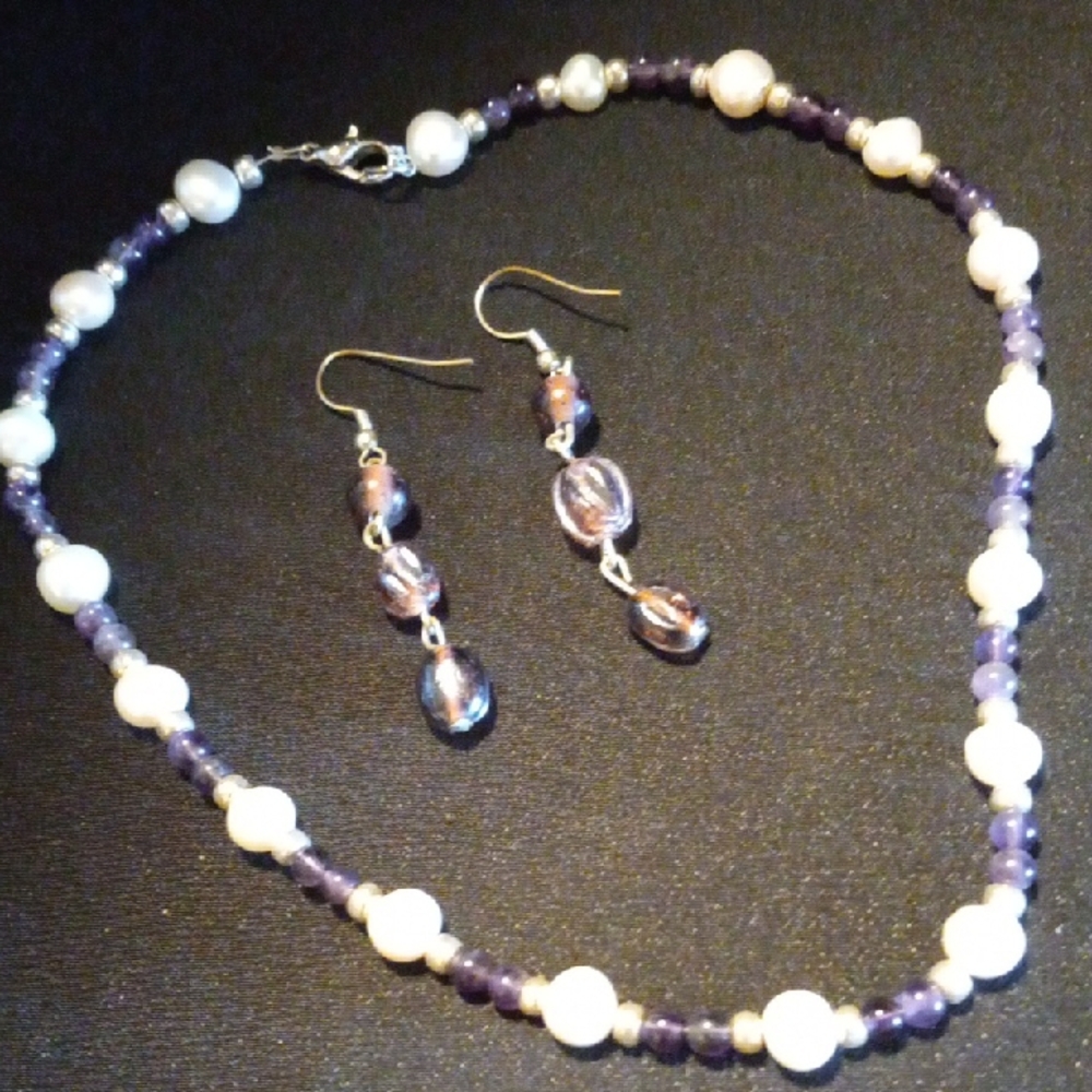 Elegant Natural Pearl and Purple Beaded Jewelry Set